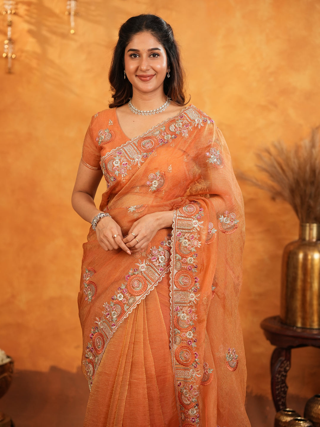 Burnt Orange Fendy Satin Embroidered Saree with Intricate Floral Border & Tassels | Premium Designer Saree with Heavy Embroidered Blouse