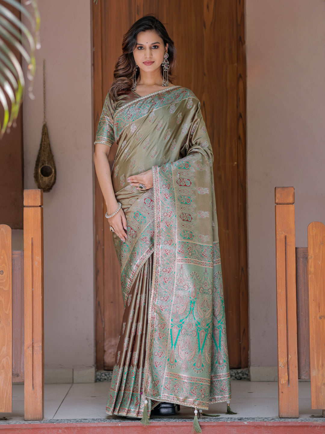 Elegant Olive Gold Banarasi Silk Saree with Intricate Paisley Zari Weaving & Tassel Detailing