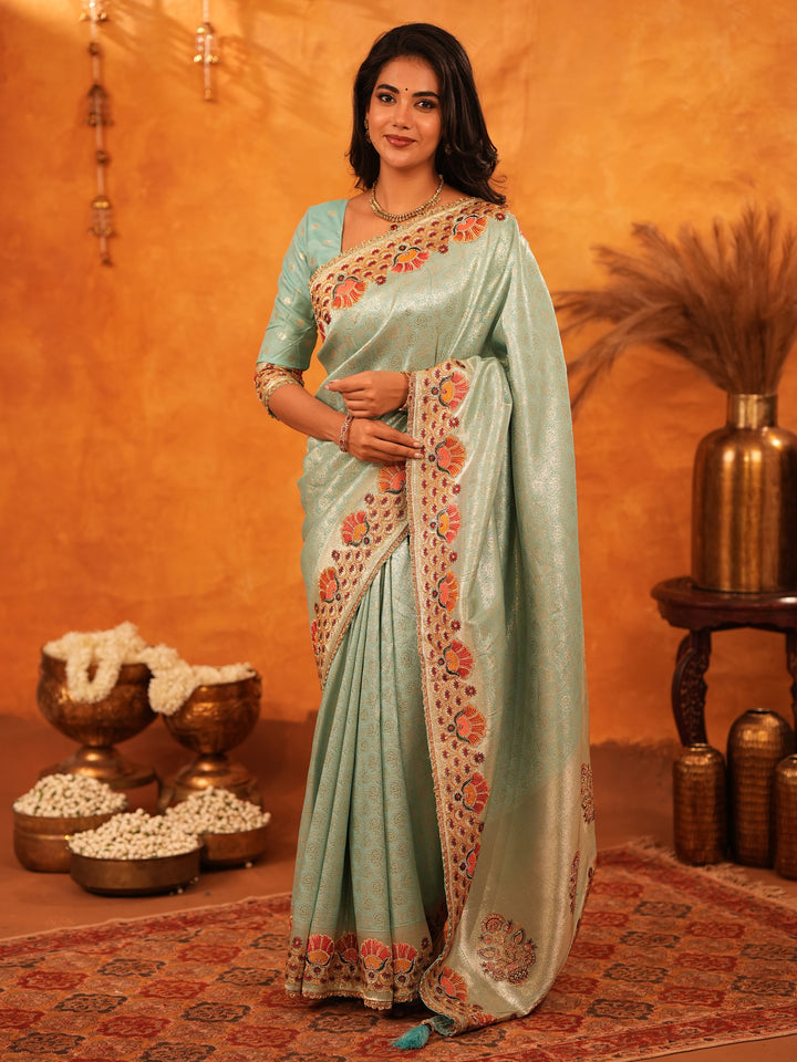 Mint Green Banarasi Silk Saree with Peacock Floral Embroidered Border & Zari Weaving | Elegant Festive & Wedding Wear Designer Saree