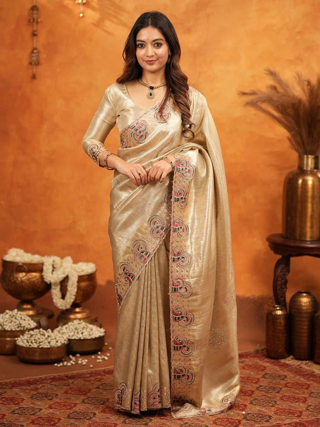 Champagne Gold Banarasi Silk Embroidered Saree with Paisley Border & Zari Weaving | Heavy Embroidered Blouse with Tassels | Wedding & Festive Wear Saree