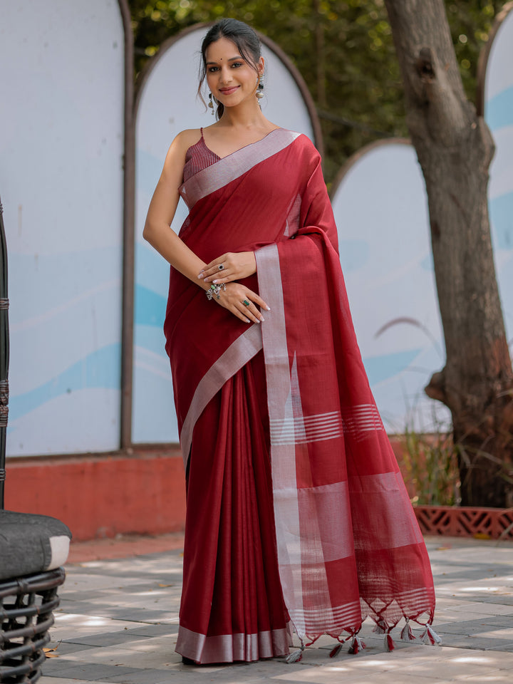 Elegant Wine Red Pure Handloom Cotton Saree with Silver Border & Tassel Detailing