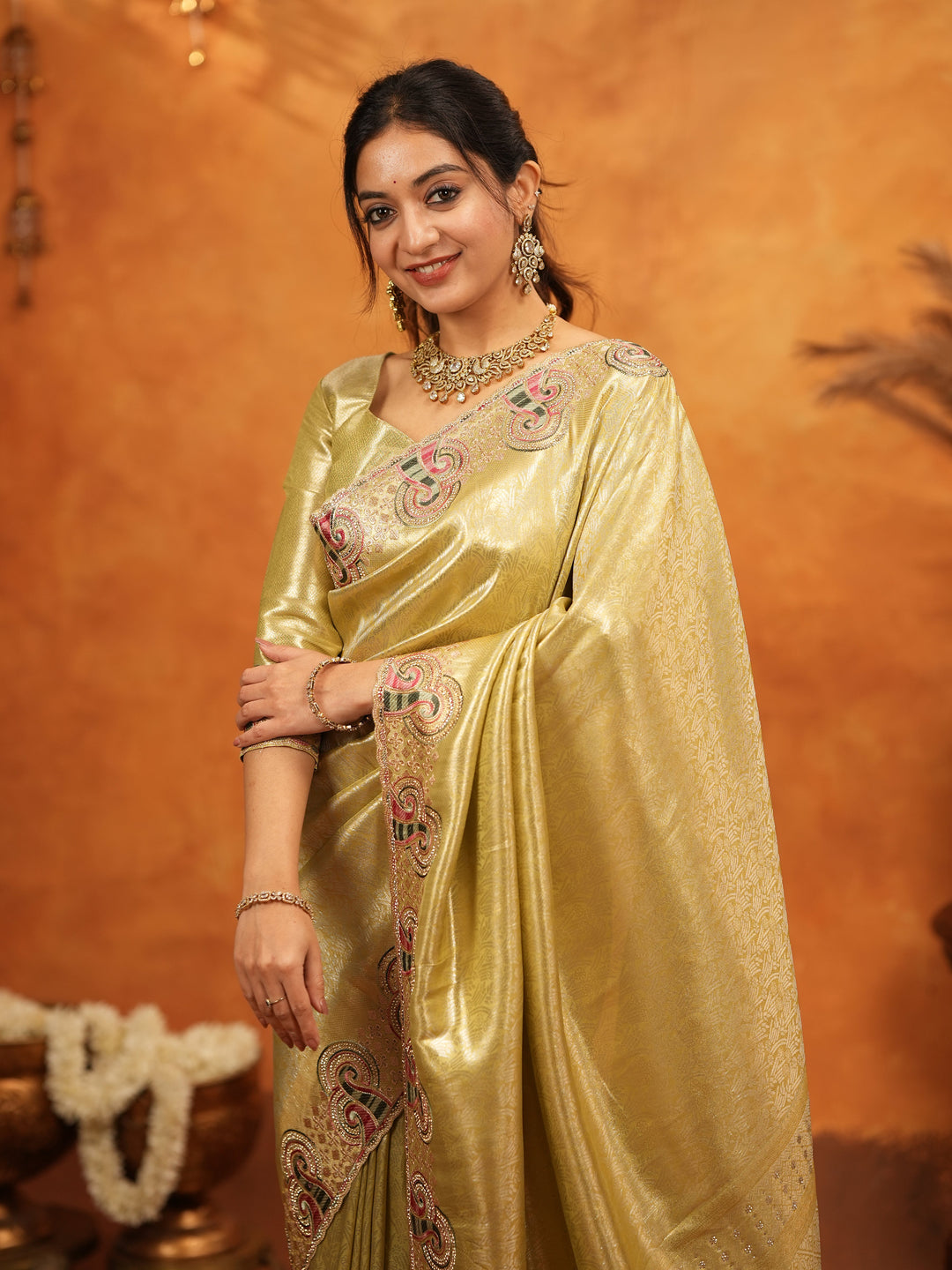Olive Gold Banarasi Silk Embroidered Saree with Paisley Border & Zari Weaving | Heavy Embroidered Blouse with Tassels | Wedding & Festive Wear Saree