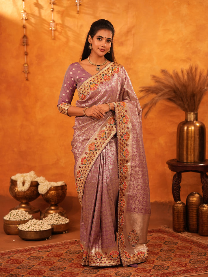 Lavender Purple Banarasi Silk Saree with Peacock Floral Embroidered Border & Zari Weaving | Premium Festive & Wedding Wear Designer Saree