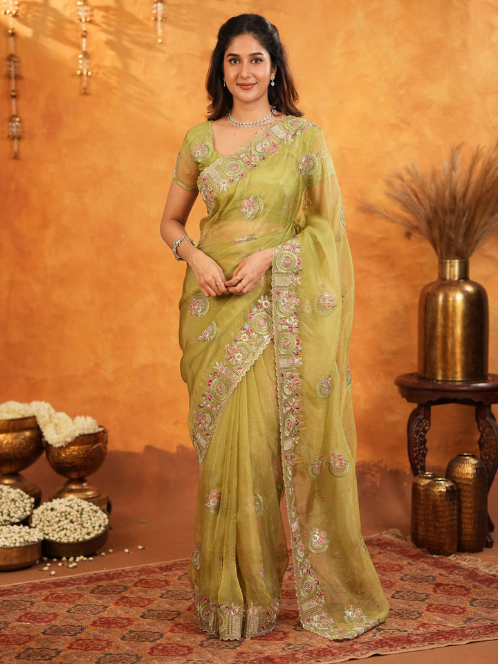 Olive Green Fendy Satin Embroidered Saree with Multicolor Floral Border & Tassels | Premium Designer Saree with Heavy Embroidered Blouse