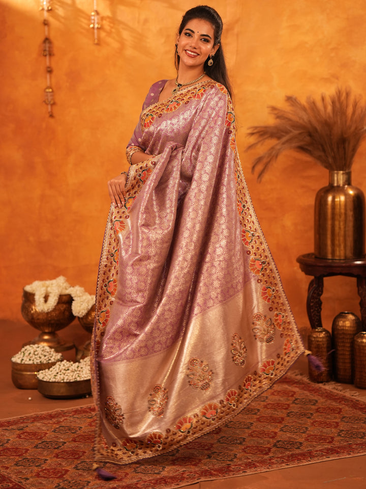 Lavender Purple Banarasi Silk Saree with Peacock Floral Embroidered Border & Zari Weaving | Premium Festive & Wedding Wear Designer Saree