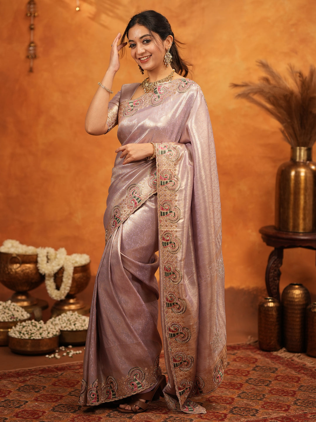 Mauve Pink Banarasi Silk Embroidered Saree with Paisley Border & Zari Weaving | Heavy Embroidered Blouse with Tassels | Wedding & Festive Wear Saree