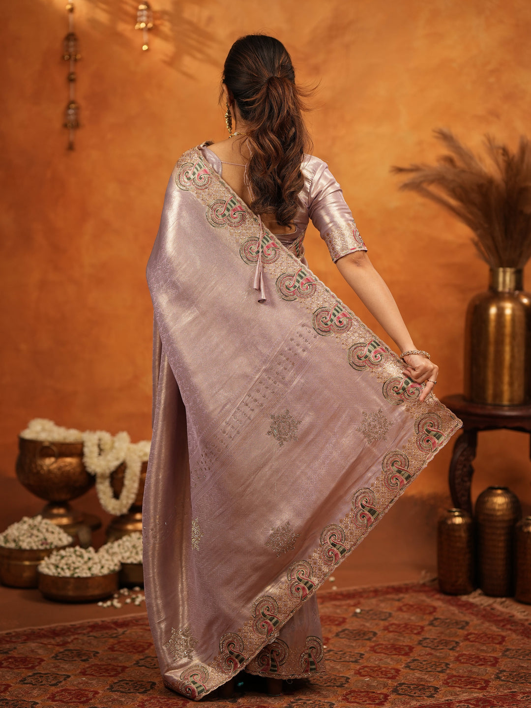 Mauve Pink Banarasi Silk Embroidered Saree with Paisley Border & Zari Weaving | Heavy Embroidered Blouse with Tassels | Wedding & Festive Wear Saree