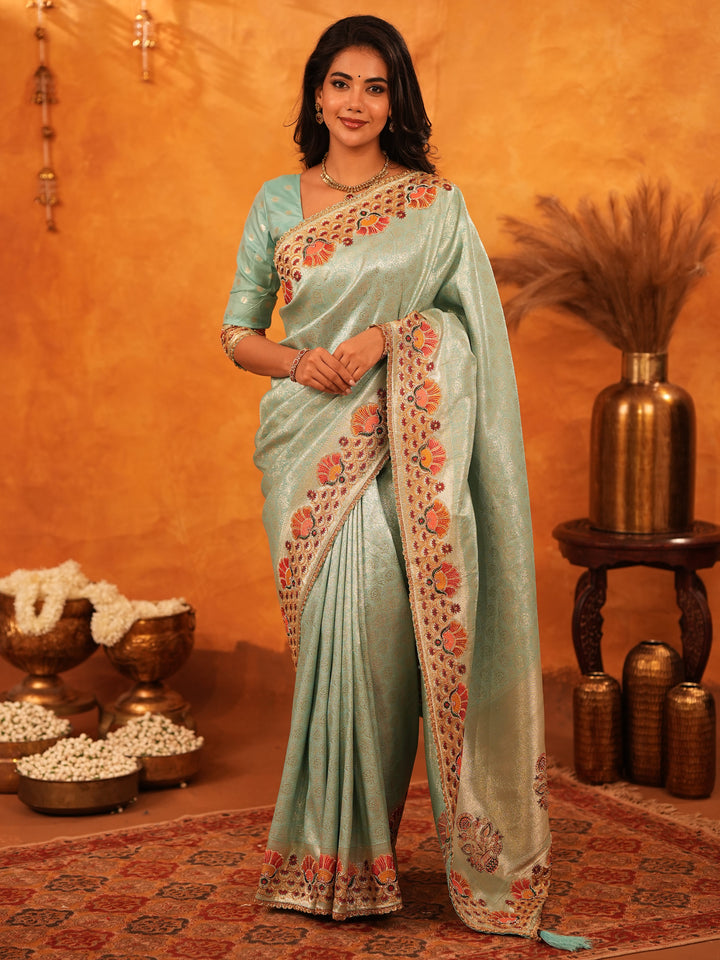 Mint Green Banarasi Silk Saree with Peacock Floral Embroidered Border & Zari Weaving | Elegant Festive & Wedding Wear Designer Saree