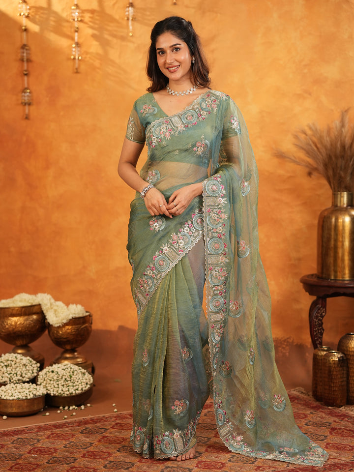 Teal Green Fendy Satin Embroidered Saree with Multicolor Floral Border & Tassels | Premium Designer Saree with Heavy Embroidered Blouse