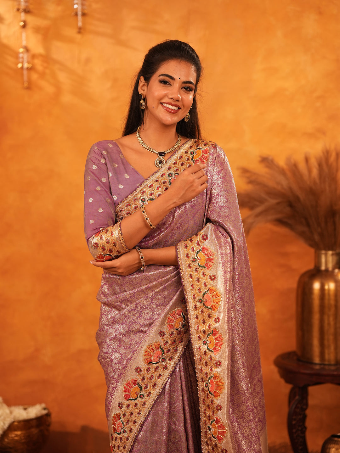 Lavender Purple Banarasi Silk Saree with Peacock Floral Embroidered Border & Zari Weaving | Premium Festive & Wedding Wear Designer Saree