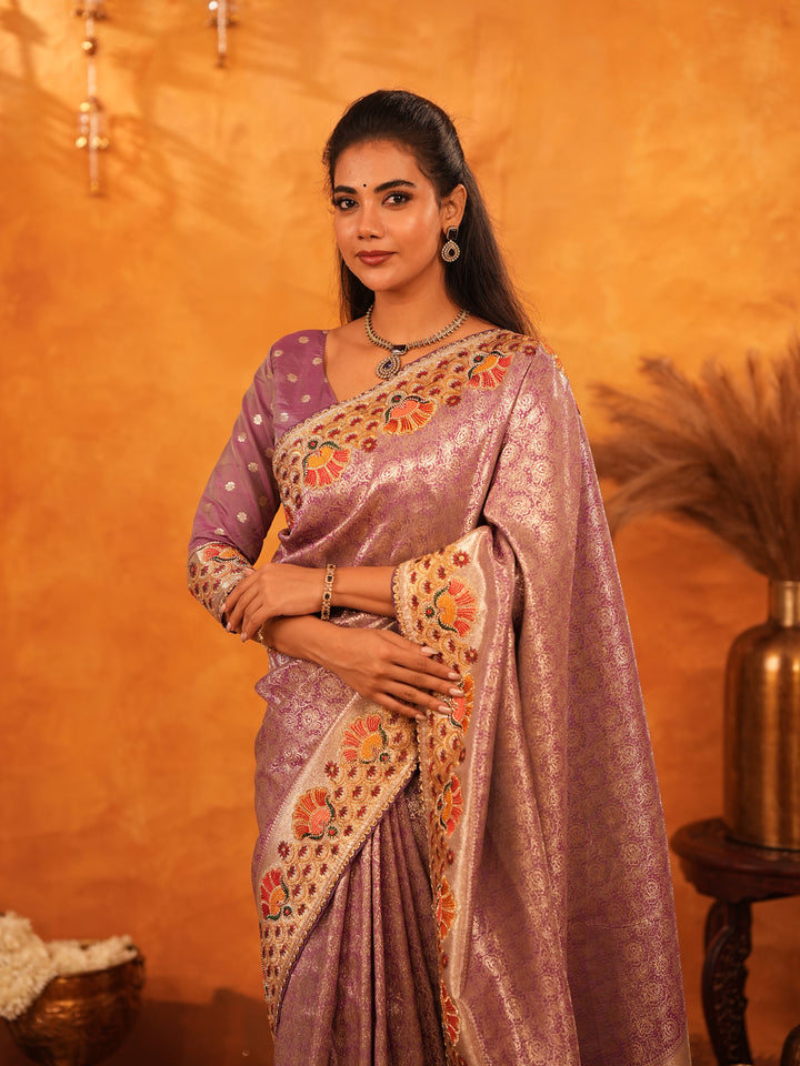 Lavender Purple Banarasi Silk Saree with Peacock Floral Embroidered Border & Zari Weaving | Premium Festive & Wedding Wear Designer Saree