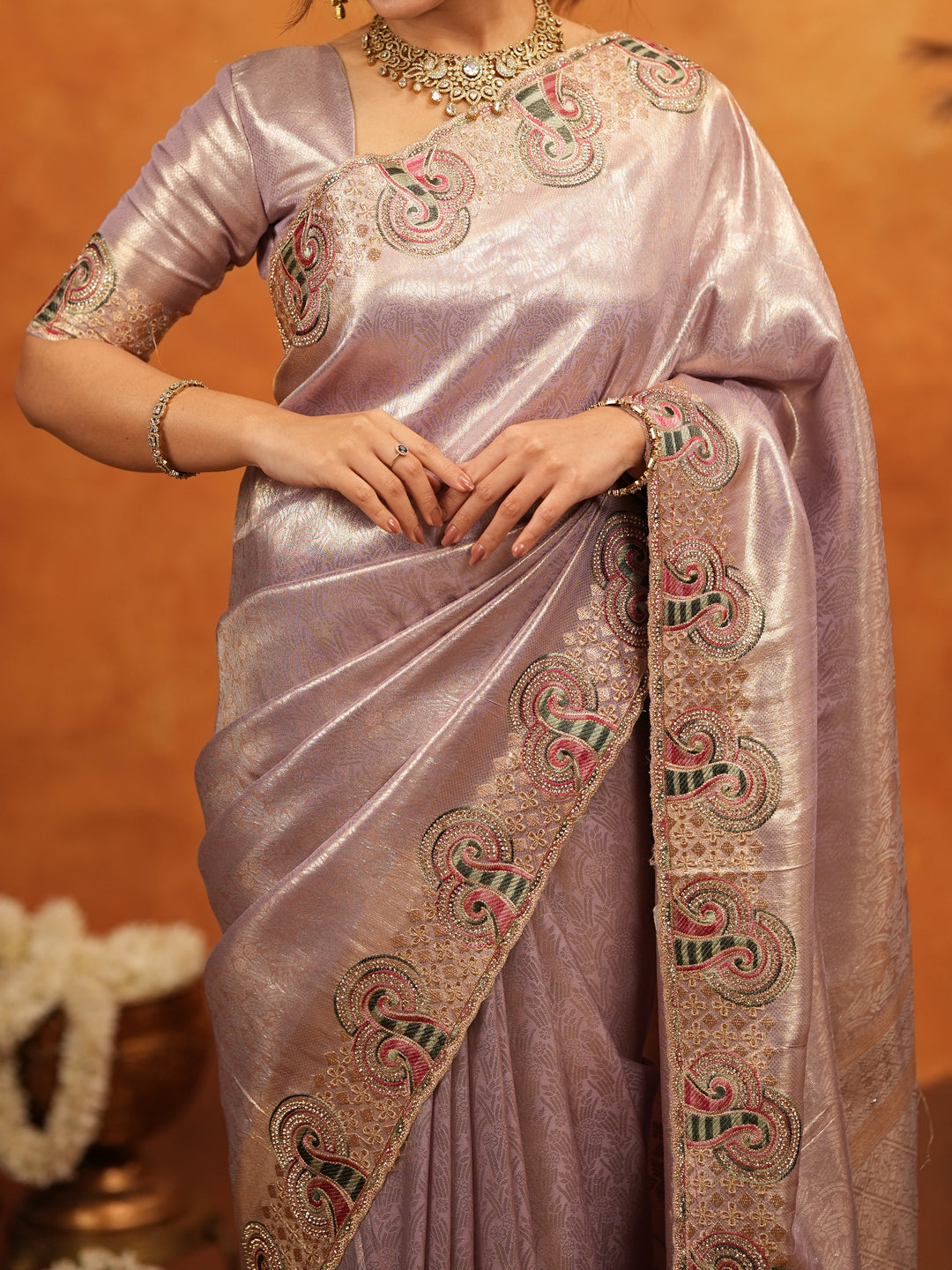 Mauve Pink Banarasi Silk Embroidered Saree with Paisley Border & Zari Weaving | Heavy Embroidered Blouse with Tassels | Wedding & Festive Wear Saree