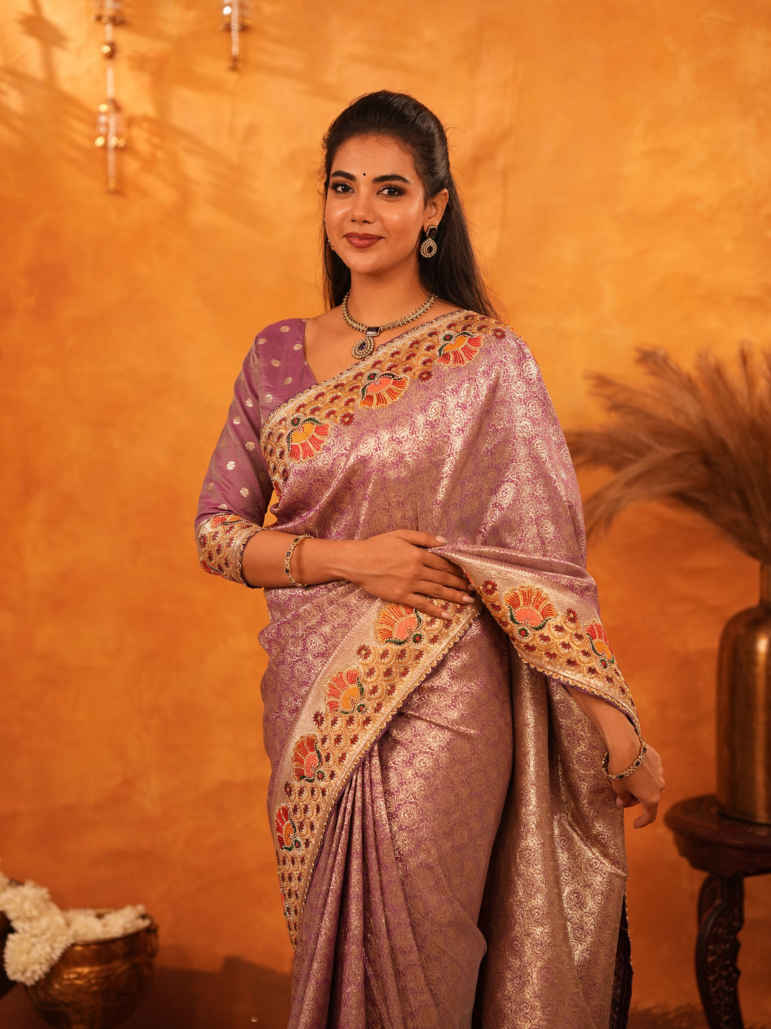 Lavender Purple Banarasi Silk Saree with Peacock Floral Embroidered Border & Zari Weaving | Premium Festive & Wedding Wear Designer Saree