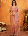 Peach Blush Fendy Satin Embroidered Saree with Multicolor Floral Border & Tassels | Elegant Designer Saree with Heavy Embroidered Blouse