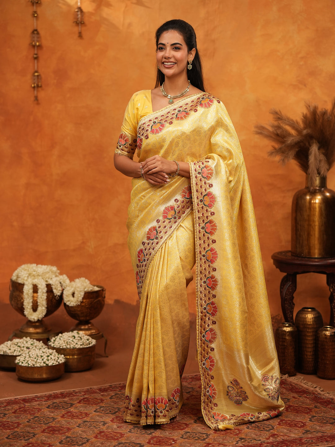 Royal Mustard Yellow Banarasi Silk Saree with Peacock Floral Embroidered Border & Zari Weaving | Festive Wedding Wear Designer Saree