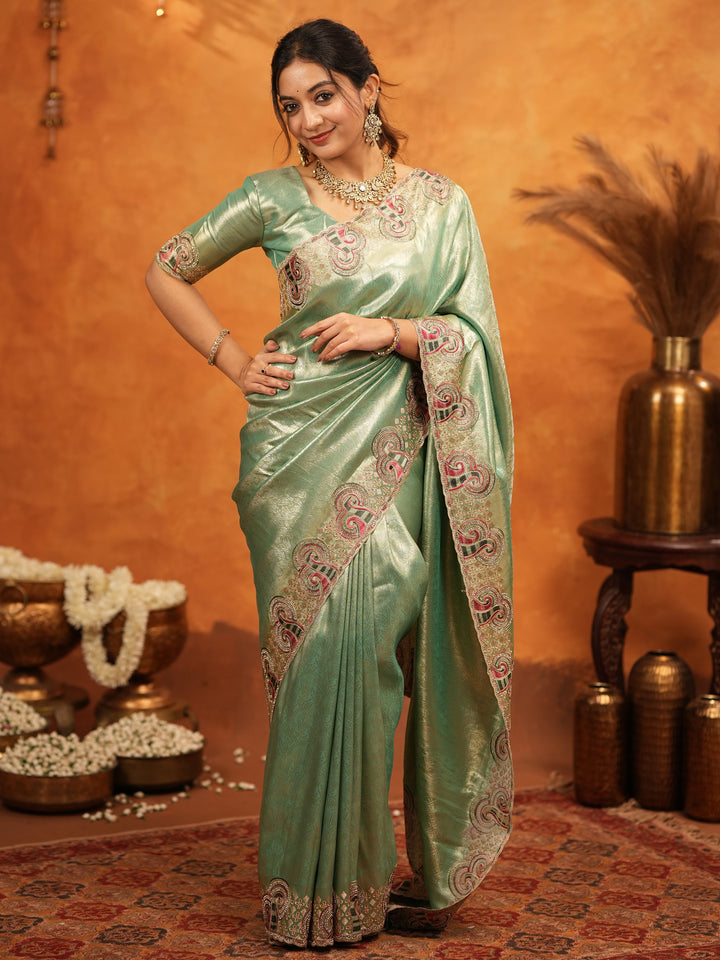 Sea Green Banarasi Silk Embroidered Saree with Paisley Border & Zari Weaving | Heavy Embroidered Blouse with Tassels | Wedding & Festive Wear Saree