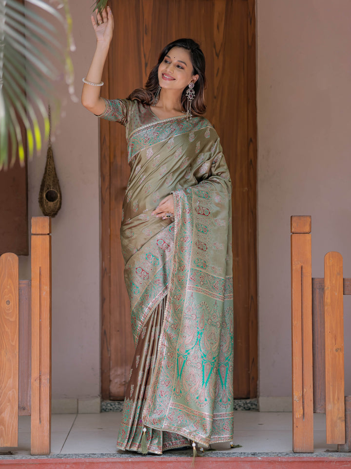 Elegant Olive Gold Banarasi Silk Saree with Intricate Paisley Zari Weaving & Tassel Detailing