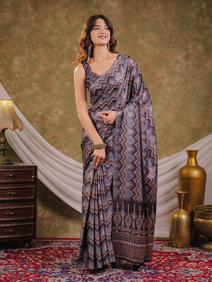 Slate Blue Pure Chinnon Ajrakh Printed Saree with Tassel Edges, Traditional Ethnic Print & Matching Blouse Piece