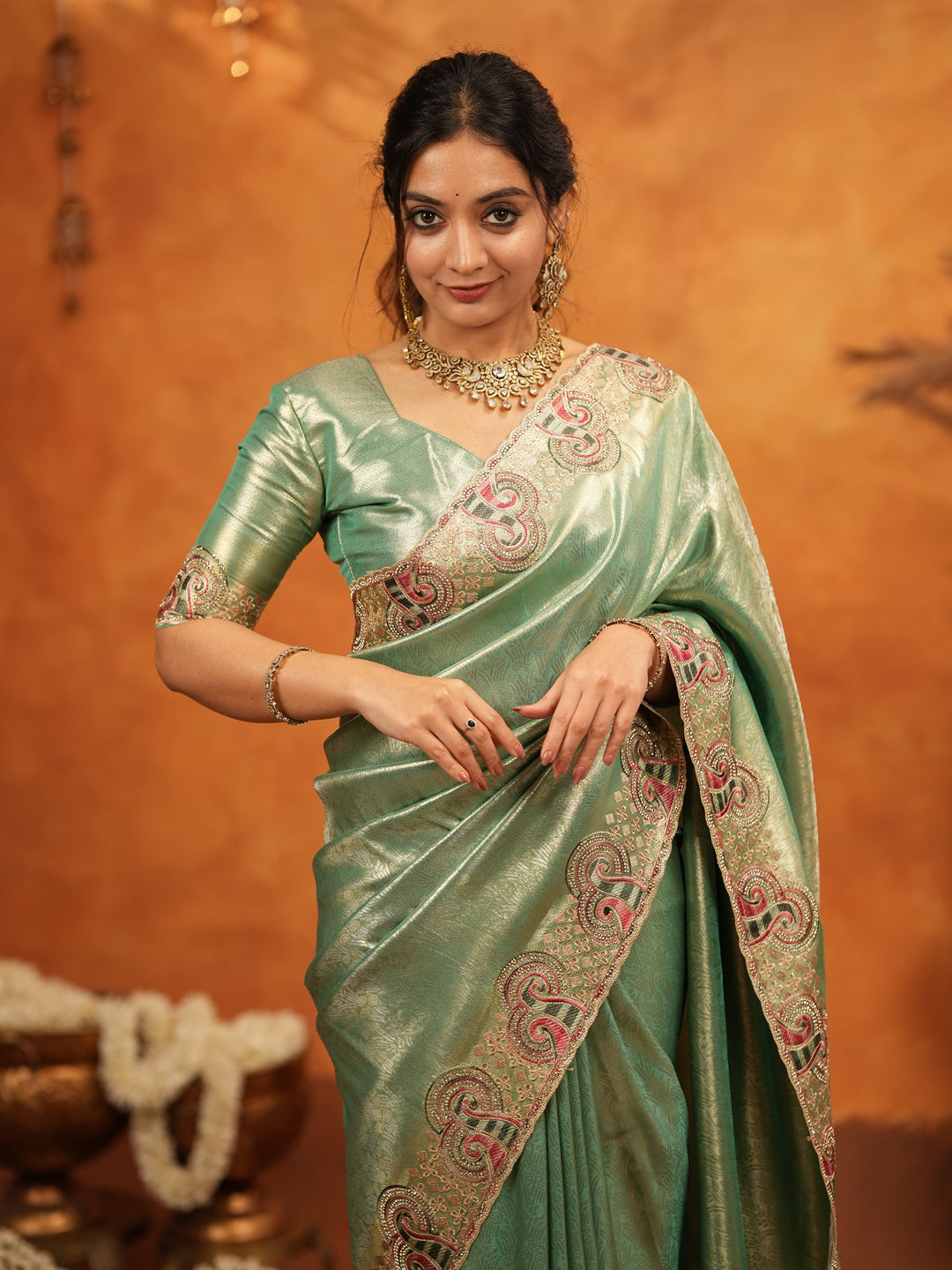 Sea Green Banarasi Silk Embroidered Saree with Paisley Border & Zari Weaving | Heavy Embroidered Blouse with Tassels | Wedding & Festive Wear Saree