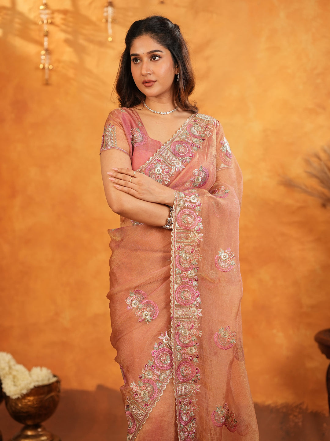 Peach Blush Fendy Satin Embroidered Saree with Multicolor Floral Border & Tassels | Elegant Designer Saree with Heavy Embroidered Blouse