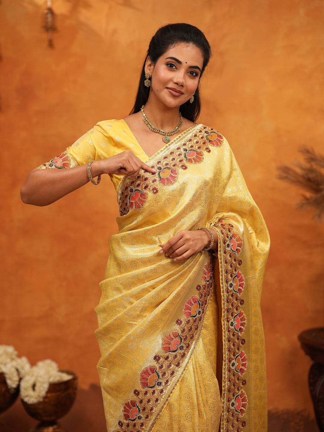 Royal Mustard Yellow Banarasi Silk Saree with Peacock Floral Embroidered Border & Zari Weaving | Festive Wedding Wear Designer Saree