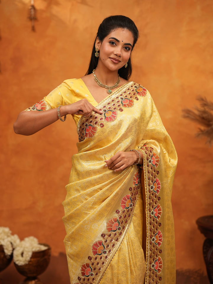 Royal Mustard Yellow Banarasi Silk Saree with Peacock Floral Embroidered Border & Zari Weaving | Festive Wedding Wear Designer Saree