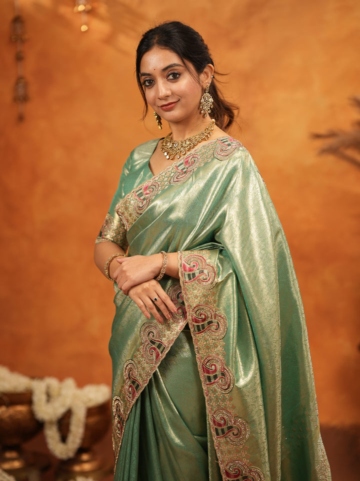 Sea Green Banarasi Silk Embroidered Saree with Paisley Border & Zari Weaving | Heavy Embroidered Blouse with Tassels | Wedding & Festive Wear Saree