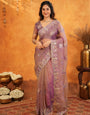 Lavender Mauve Fendy Satin Embroidered Saree with Multicolor Floral Border & Tassels | Premium Designer Saree with Heavy Embroidered Blouse
