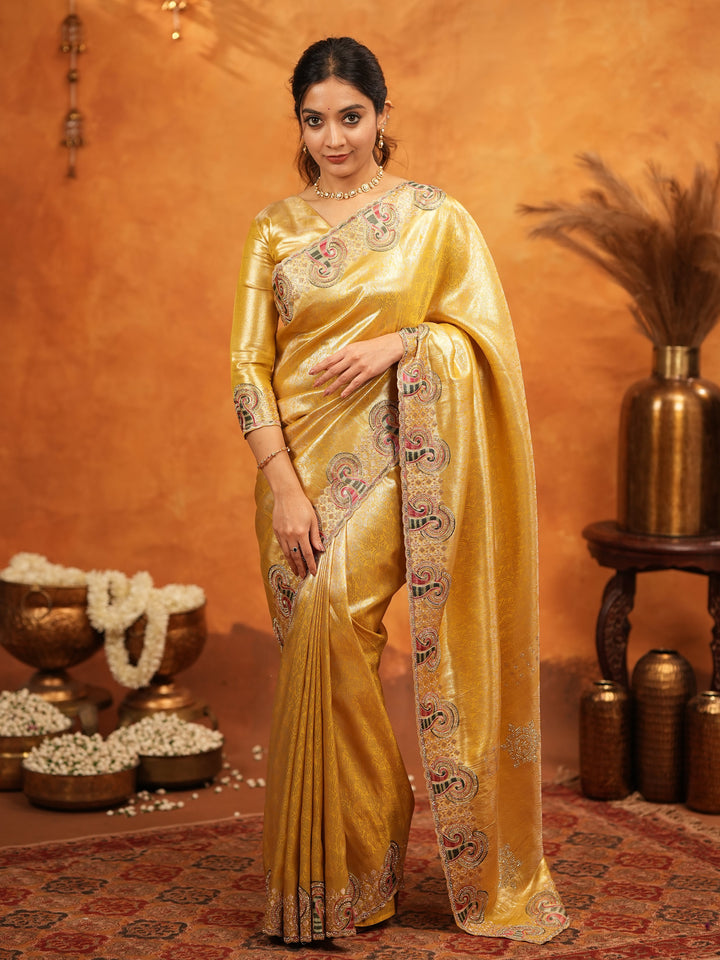 Golden Yellow Banarasi Silk Embroidered Saree with Paisley Border & Zari Weaving | Heavy Embroidered Blouse with Tassels | Wedding & Festive Wear Saree