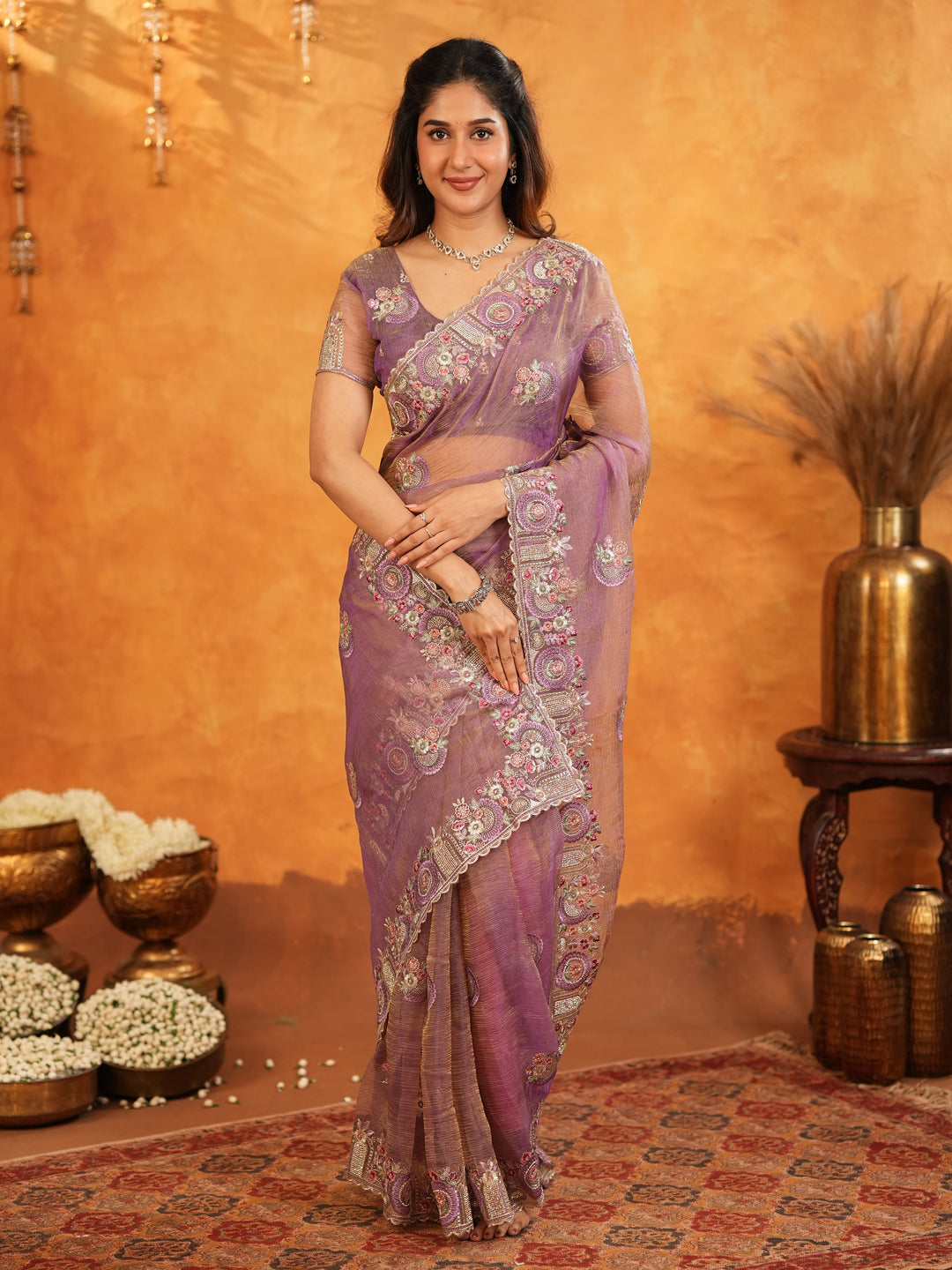 Lavender Mauve Fendy Satin Embroidered Saree with Multicolor Floral Border & Tassels | Premium Designer Saree with Heavy Embroidered Blouse