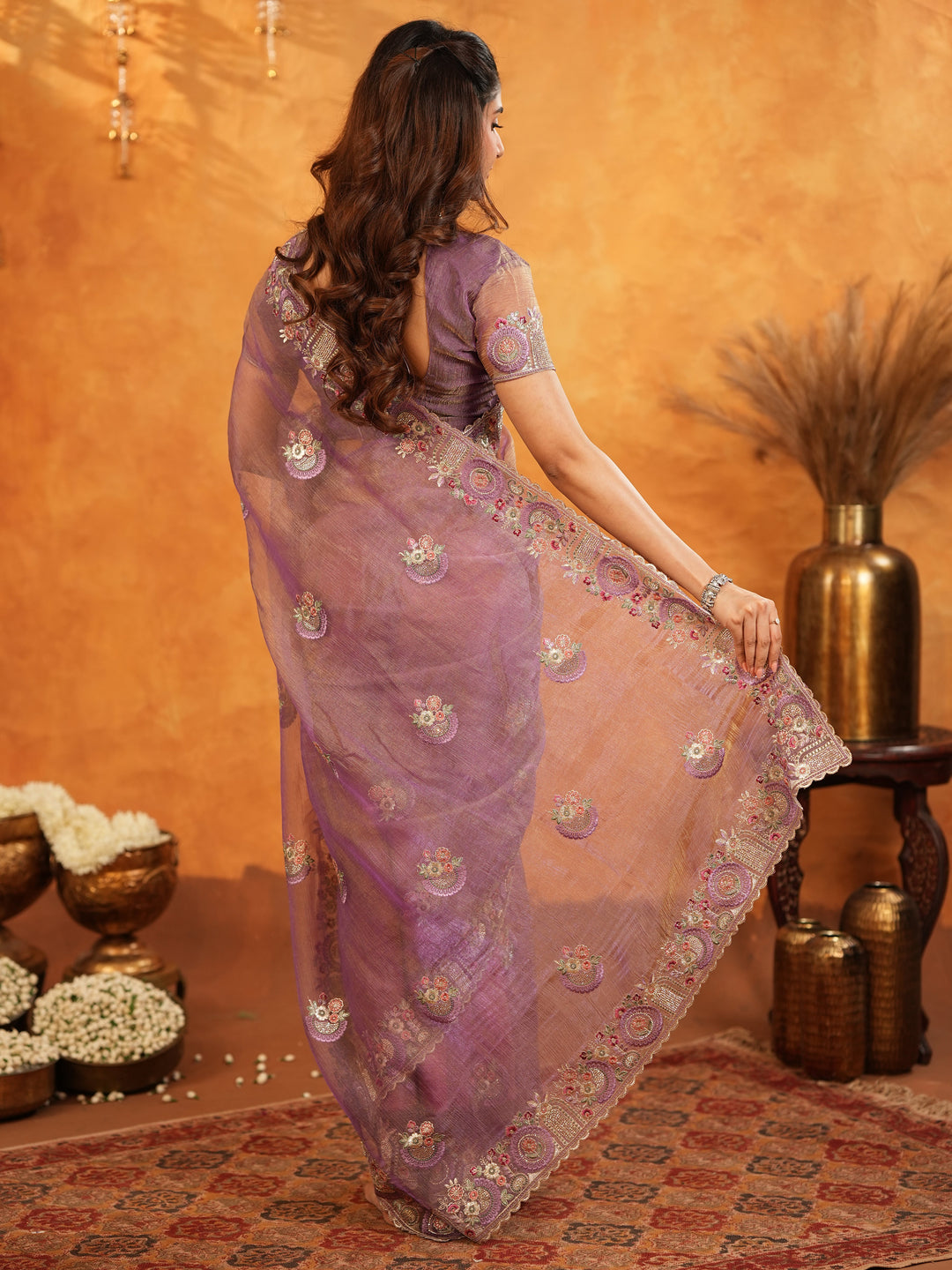 Lavender Mauve Fendy Satin Embroidered Saree with Multicolor Floral Border & Tassels | Premium Designer Saree with Heavy Embroidered Blouse