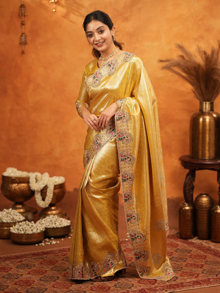 Golden Yellow Banarasi Silk Embroidered Saree with Paisley Border & Zari Weaving | Heavy Embroidered Blouse with Tassels | Wedding & Festive Wear Saree