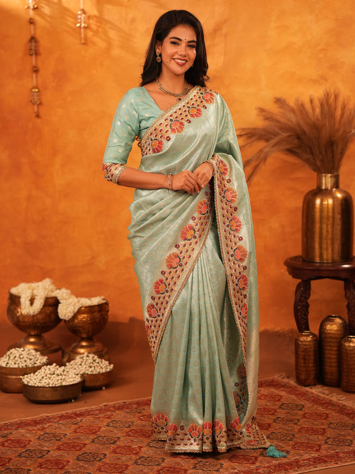 Mint Green Banarasi Silk Saree with Peacock Floral Embroidered Border & Zari Weaving | Elegant Festive & Wedding Wear Designer Saree