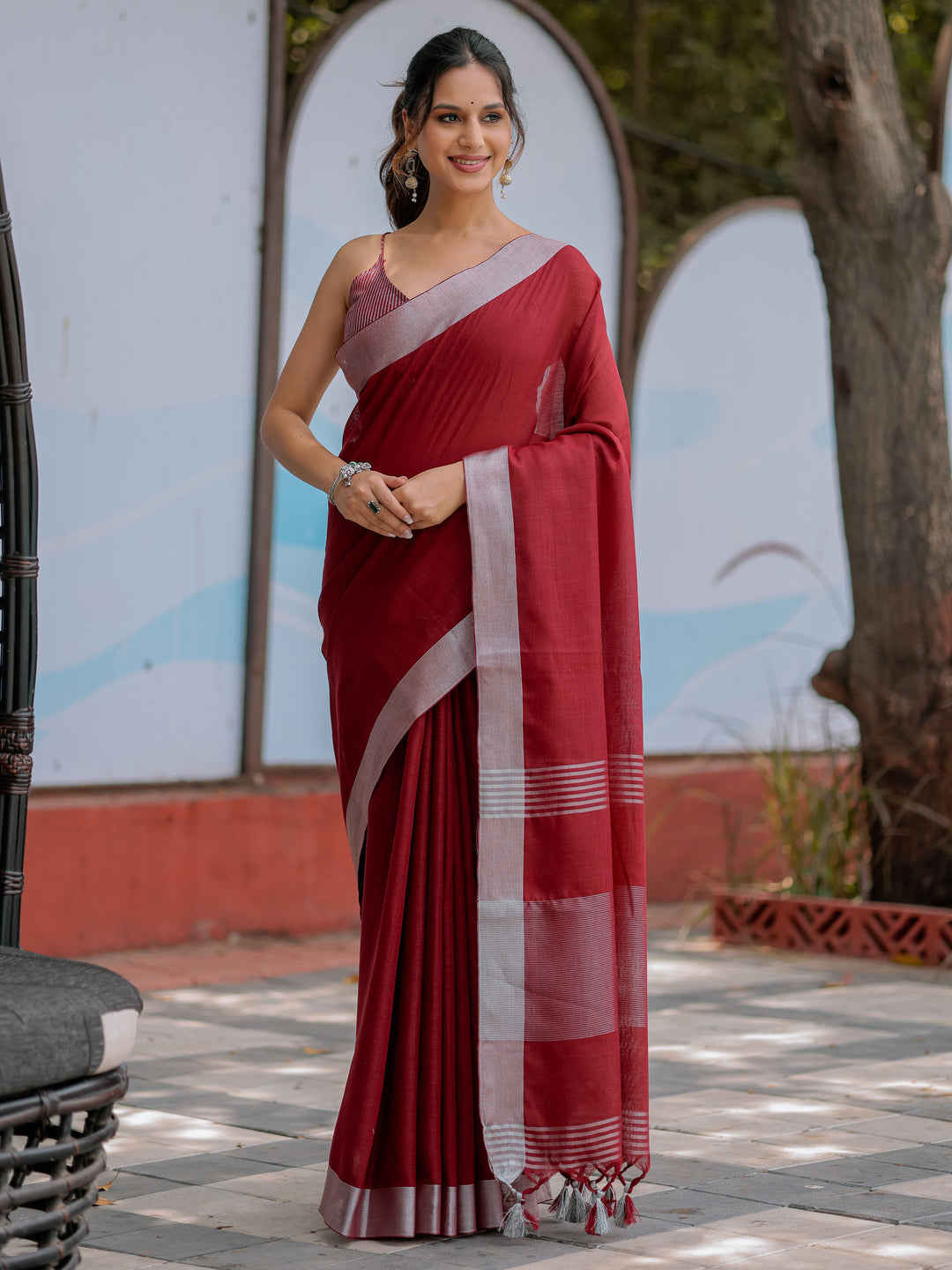 Elegant Wine Red Pure Handloom Cotton Saree with Silver Border & Tassel Detailing