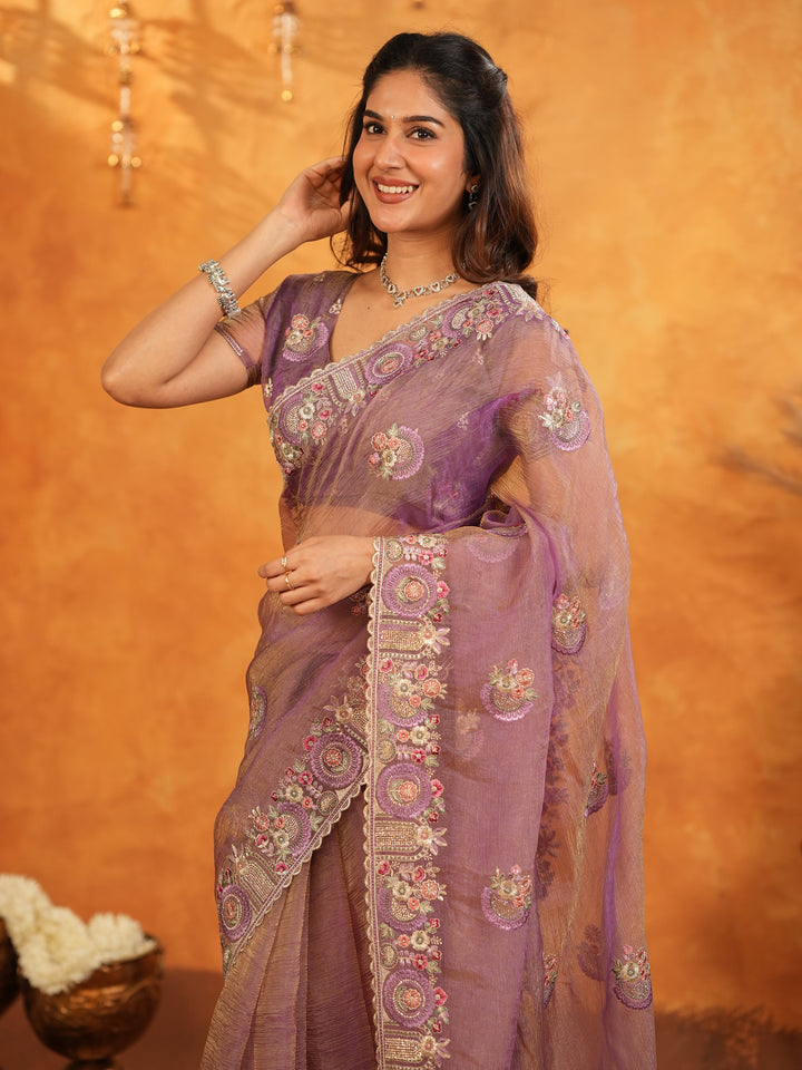 Lavender Mauve Fendy Satin Embroidered Saree with Multicolor Floral Border & Tassels | Premium Designer Saree with Heavy Embroidered Blouse