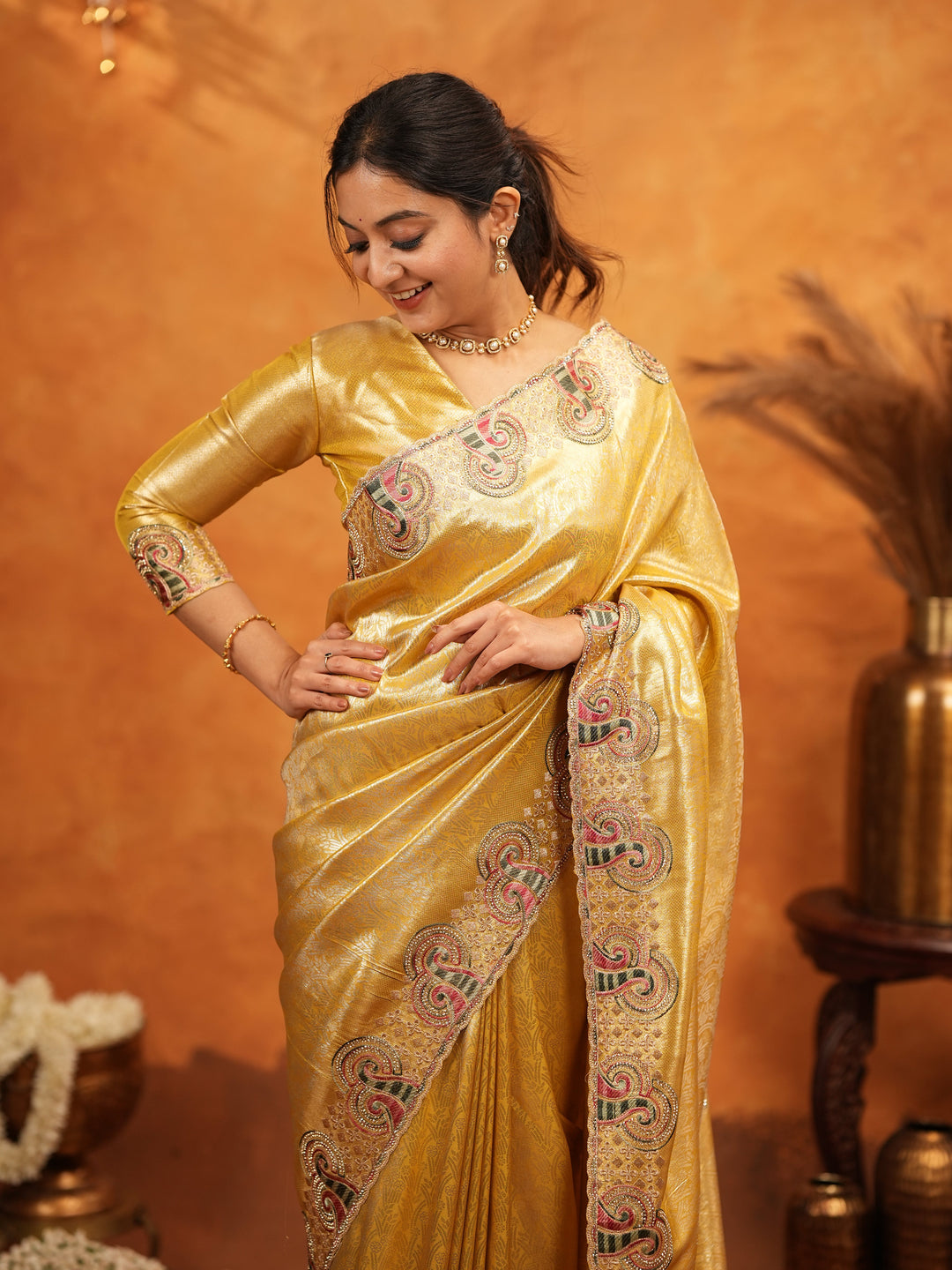Golden Yellow Banarasi Silk Embroidered Saree with Paisley Border & Zari Weaving | Heavy Embroidered Blouse with Tassels | Wedding & Festive Wear Saree