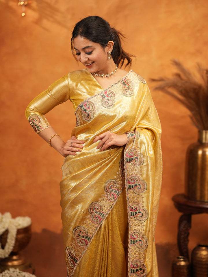 Golden Yellow Banarasi Silk Embroidered Saree with Paisley Border & Zari Weaving | Heavy Embroidered Blouse with Tassels | Wedding & Festive Wear Saree