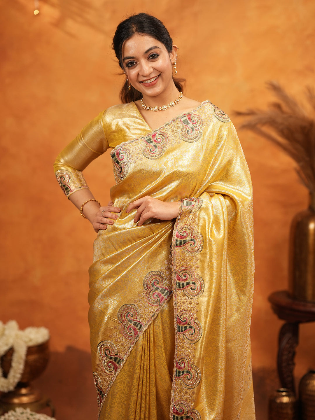 Golden Yellow Banarasi Silk Embroidered Saree with Paisley Border & Zari Weaving | Heavy Embroidered Blouse with Tassels | Wedding & Festive Wear Saree