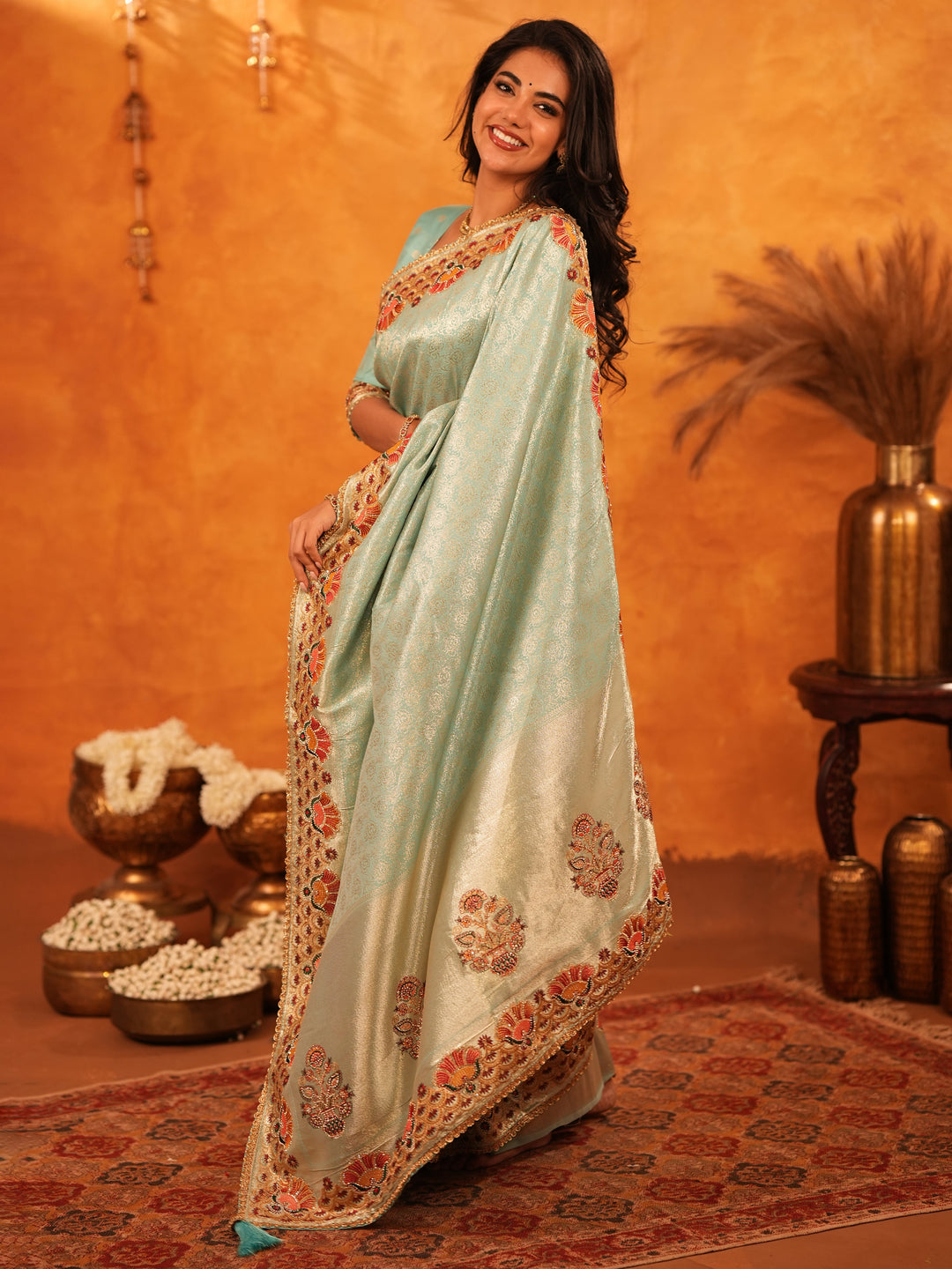 Mint Green Banarasi Silk Saree with Peacock Floral Embroidered Border & Zari Weaving | Elegant Festive & Wedding Wear Designer Saree