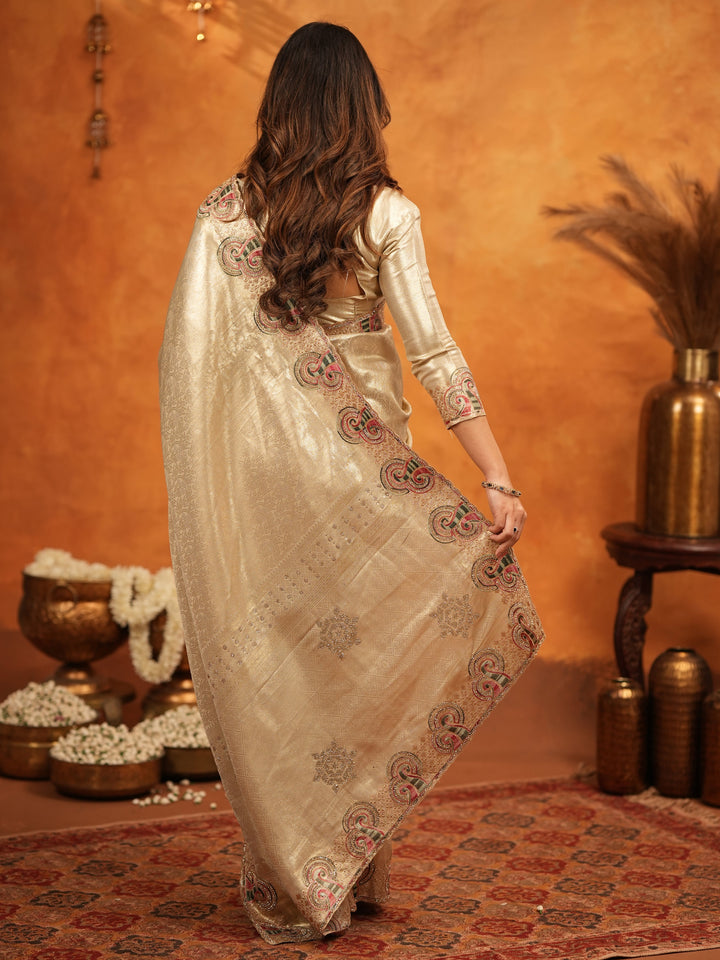 Champagne Gold Banarasi Silk Embroidered Saree with Paisley Border & Zari Weaving | Heavy Embroidered Blouse with Tassels | Wedding & Festive Wear Saree