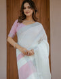 Pure White & Blush Pink Handloom Mul Cotton Saree with Minimal Striped Border & Tassel Detailing