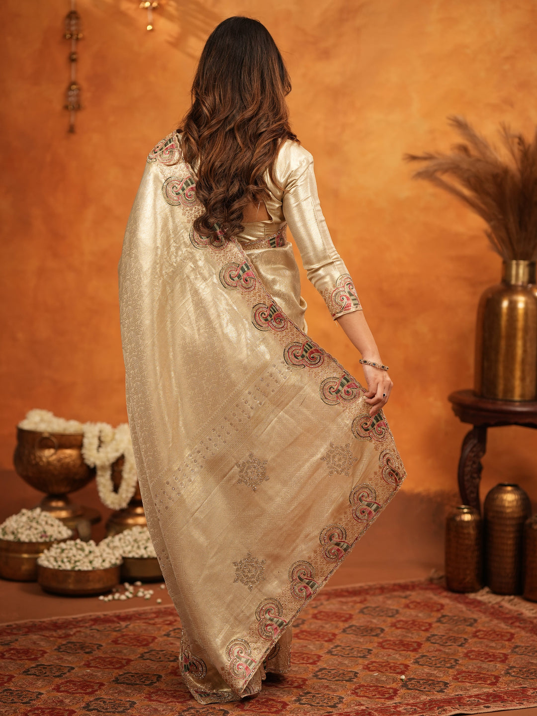 Champagne Gold Banarasi Silk Embroidered Saree with Paisley Border & Zari Weaving | Heavy Embroidered Blouse with Tassels | Wedding & Festive Wear Saree