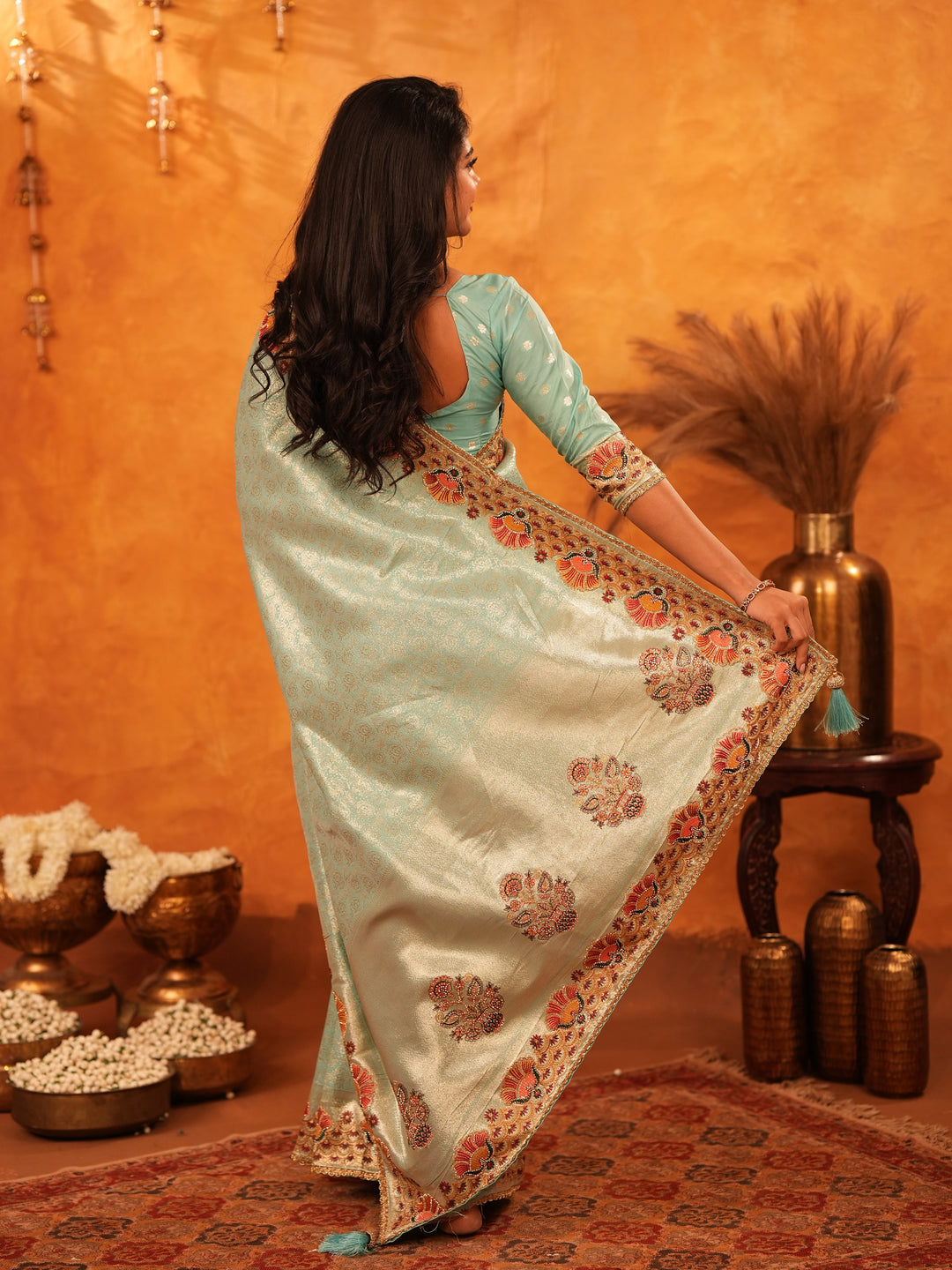 Mint Green Banarasi Silk Saree with Peacock Floral Embroidered Border & Zari Weaving | Elegant Festive & Wedding Wear Designer Saree