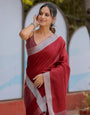 Elegant Wine Red Pure Handloom Mul Cotton Saree with Silver Border & Tassel Detailing