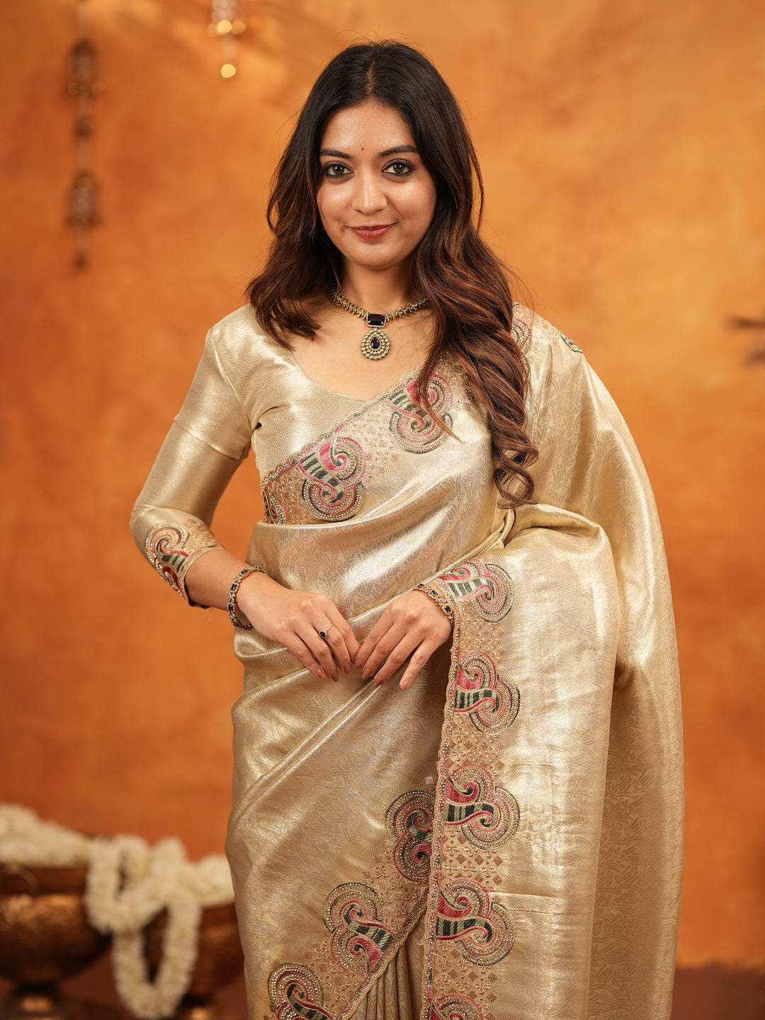 Champagne Gold Banarasi Silk Embroidered Saree with Paisley Border & Zari Weaving | Heavy Embroidered Blouse with Tassels | Wedding & Festive Wear Saree