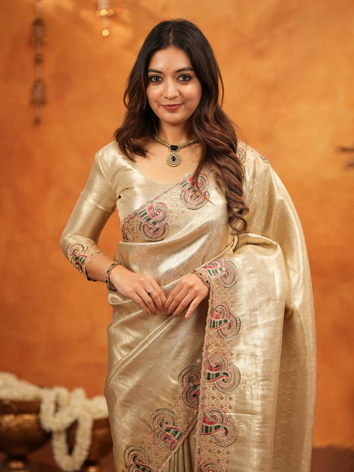 Champagne Gold Banarasi Silk Embroidered Saree with Paisley Border & Zari Weaving | Heavy Embroidered Blouse with Tassels | Wedding & Festive Wear Saree