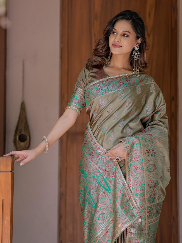 Elegant Olive Gold Banarasi Silk Saree with Intricate Paisley Zari Weaving & Tassel Detailing