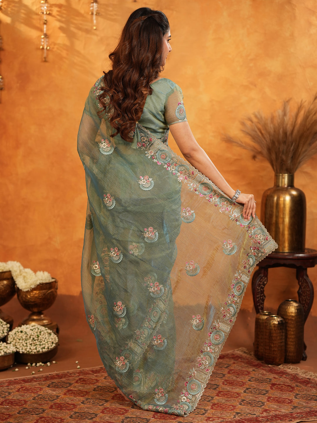 Teal Green Fendy Satin Embroidered Saree with Multicolor Floral Border & Tassels | Premium Designer Saree with Heavy Embroidered Blouse