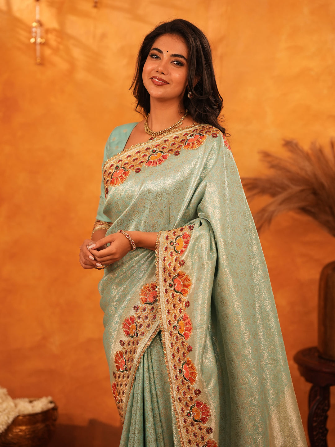 Mint Green Banarasi Silk Saree with Peacock Floral Embroidered Border & Zari Weaving | Elegant Festive & Wedding Wear Designer Saree