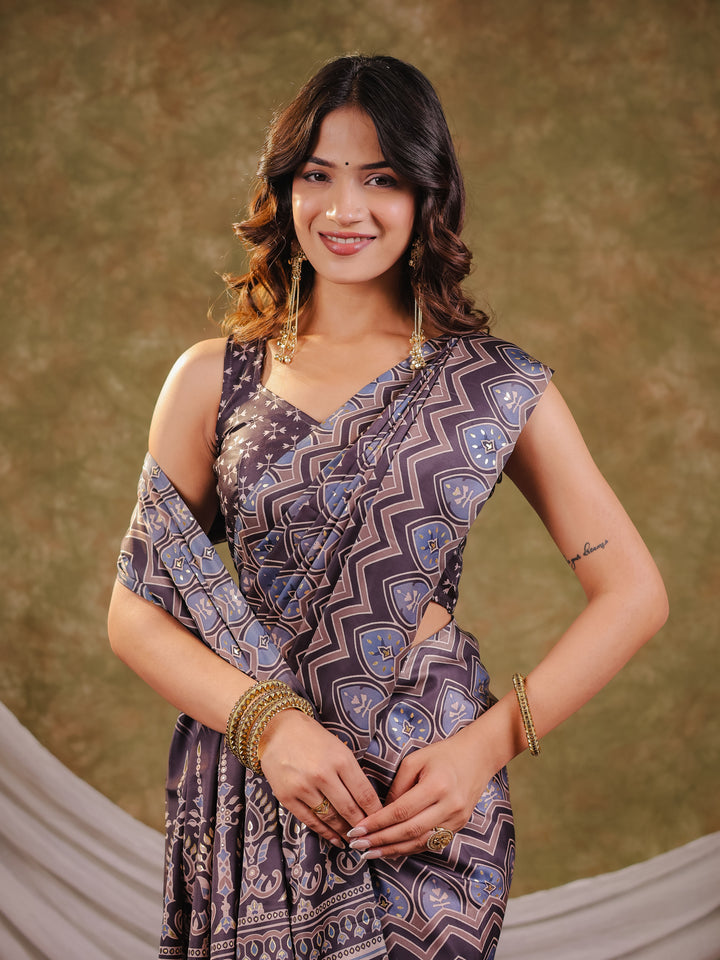 Slate Blue Pure Chinnon Ajrakh Printed Saree with Tassel Edges, Traditional Ethnic Print & Matching Blouse Piece